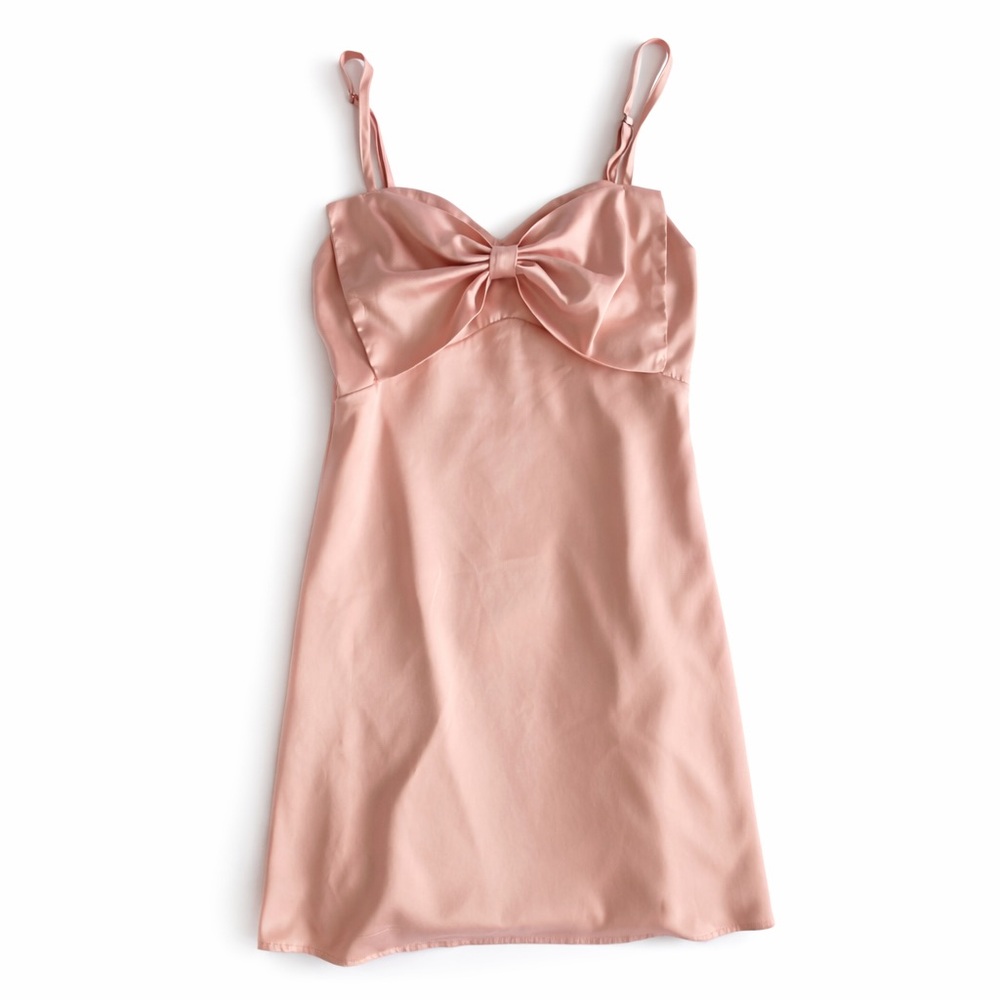 HYFVE Blush Pink Satin Oversized Bow Coquette Mini Dress